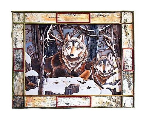 Wild Winter Wolves Rustic Framed Wood Art - Birch Bark Frame