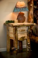 Aspen Lodge 2 Drawer Log Nightstand shown with flat drawer fronts and extra gnarly aspen