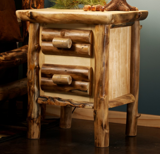 Beaver Creek Aspen 2 Drawer Log Nightstand--Half log drawers, Clear finish, Light aspen, Standard logs