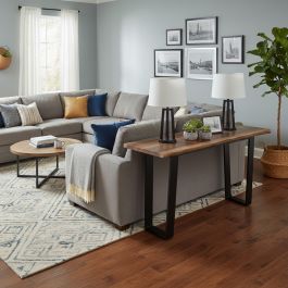 Natural Wood Sofa Table with Forged Steel Base