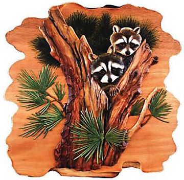 Raccoons in Pine Tree Wood Art