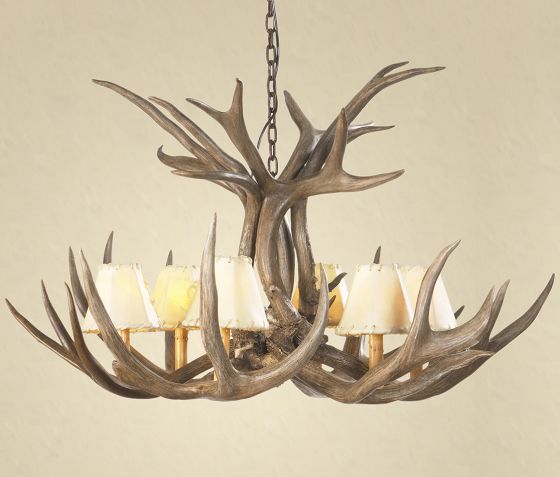 6 Light Mule Deer Antler Chandelier shown with optional shades (shades may vary in color)