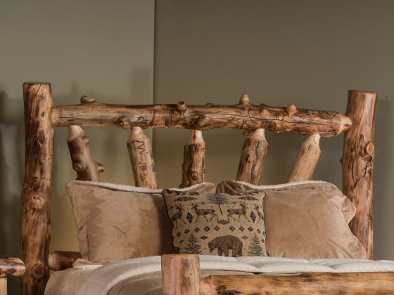 Aspen Log Sunburst Headboard--Clear finish, Light aspen, Standard logs, 5-6" corner log posts