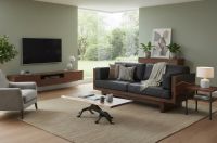 Modern Wood Living Room Furniture: Some lifestyle images are created with AI for visualization purposes. Crafted from natural solid wood, each piece is unique and will vary.