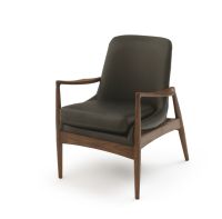 Modern Natural Wood Upholstered Lounge Chair - Parisian Night Black Leather Upholstery