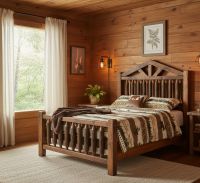 Rustic Cabin Barnwood Bed: Some lifestyle images are created with AI for visualization purposes. Crafted from natural solid wood, each piece is unique and will vary.