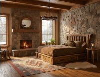 Rustic Lodge Bedroom: Some lifestyle images are created with AI for visualization purposes. Crafted from natural solid wood, each piece is unique and will vary.