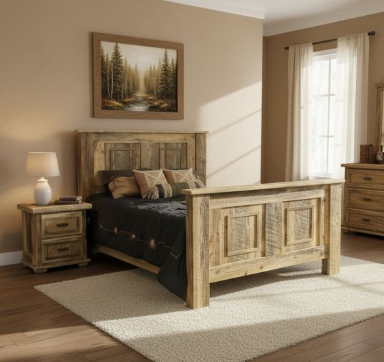 Rustic Barnwood Bed: Some lifestyle images are created with AI for visualization purposes. Crafted from natural solid wood, each piece is unique and will vary.