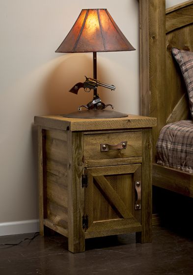 Heartland Weathered Enclosed Nightstand--Clear finish, Left hinge, Leather handles