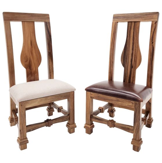 Golden Walnut Upholstered Dining Chairs - Creme Linen Fabric (L) & Burnt Umber Cypress Leather (R)
