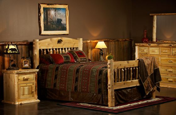 Cedar Lake Silhouette Cutout Log Bed--Queen, Clear finish, Bear silhouette cutout