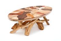 Artistic Mosaic Burl Wood Coffee Table with Juniper Base