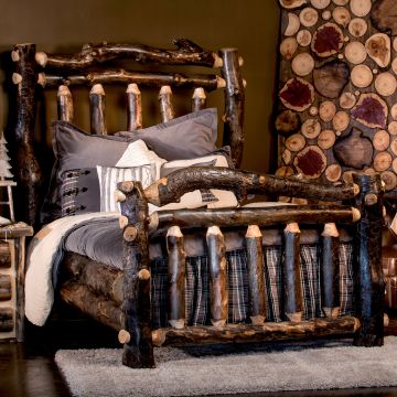 Beaver Creek Aspen Double Log Bed--Dark aspen, Standard logs, Clear finish, Curvy headboard & footboard, Double side rails