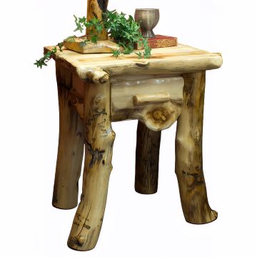 Aspen Lodge 1 Drawer Log Nightstand shown with a flat drawer front and extra character aspen