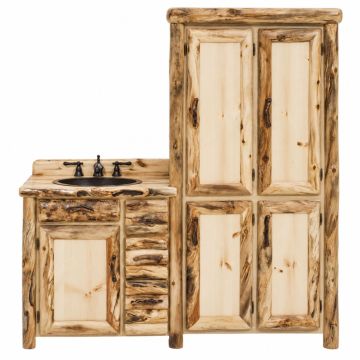 Aspen Lodge Gnarly Log Vanity - CUSTOM 30" Vanity w/ drawers (top drawer of bank is faux.) - CUSTOM 48" Double Door Linen Closet