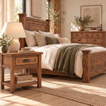 Rustic Nightstand with Shelf: Some lifestyle images are created with AI for visualization purposes. Crafted from natural solid wood, each piece is unique and will vary.
