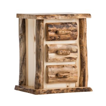 Boulder Mountain 3 Drawer Aspen Log Nightstand--Half log drawers, Clear finish, Standard logs, Light aspen