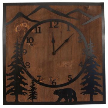 Rustic Stained Wood & Etched Metal Black Bear Square Wall Clock