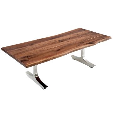 Contemporary Rustic Live Edge Plank Writing Desk - Black Walnut Desk Top - Natural Clear Finish - Silver Steel Base