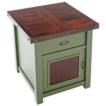 Cottage Sunrise Painted Enclosed End Table shown Hinged Left in Sea Mist Green Paint Finish