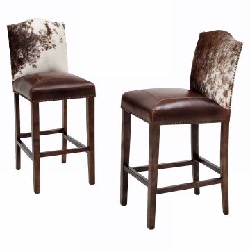 Cowhide Bristol Bar Stools - Burnt Umber Cypress Leather Upholstery w/ Cowhide Backrest