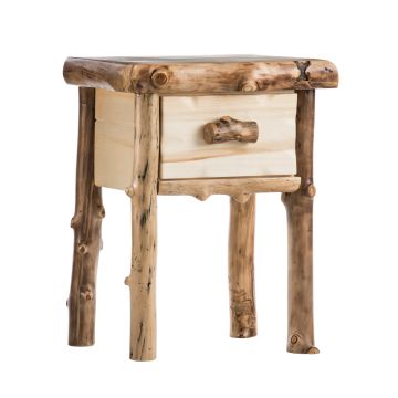 Yellowstone Aspen 1 Drawer Log Nightstand--Flat drawer front, Clear finish, Light aspen logs