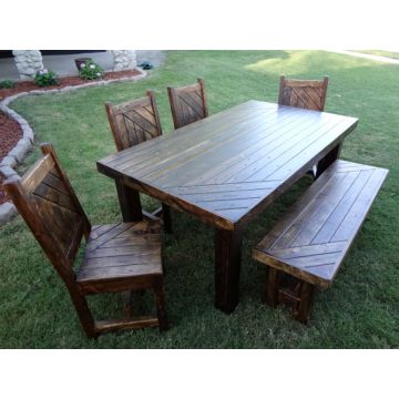 Rustic Weathered Pine Dining Set - Dark Antique Tobacco Finish