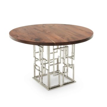 Geometric Round Natural Wood Dining Table - Flat Edge Black Walnut Table Top - Natural Clear Table Top Finish - Silver Steel Table Base