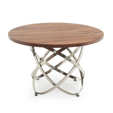 Contemporary Wood Atom Base Dining Table - Flat Edge Black Walnut Table Top - Natural Clear Table Top Finish - Silver Steel Table Base