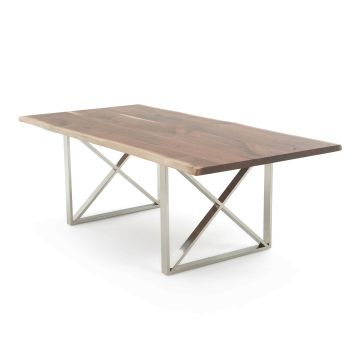 Metal X Hardwood Dining Table - Live Edge Black Walnut Table Top - Natural Clear Table Top Finish - Silver Steel Table Base