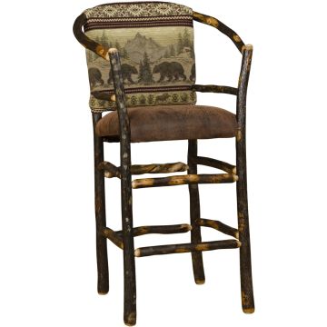 Rustic Hickory Log Hoop Bar Stool - Bear Mountain Backrest Fabric