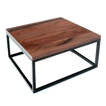 Julia Natural Wood Contemporary Coffee Table With Black Walnut Top in Natural Clear Finish With a Black Steel Table Base