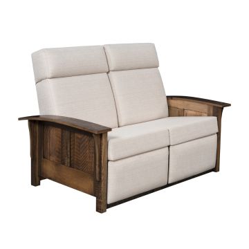 Kingston Reclaimed Barn Wood Reclining Loveseat - Solid Panel Sides - Glaze #3 Finish - Linen Fabric Upholstery