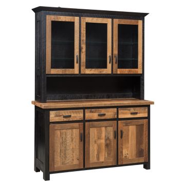 Manchester Reclaimed Barn Wood 3 Drawer Buffet & Hutch - Ebony Frame Finish