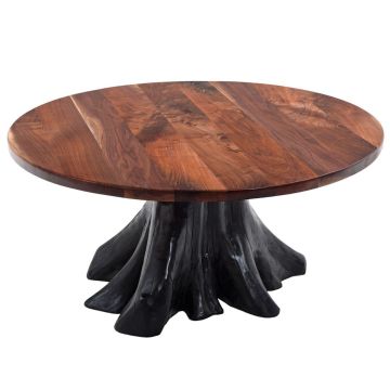 Midnight Forest Rustic Round Stump Dining Table - Natural Clear Tabletop Finish - Ebony Base Finish