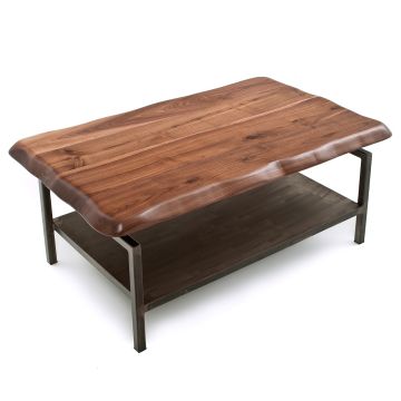Modern Industrial Natural Wood Coffee Table With Live Edge Black Walnut Top in Natural Clear Finish