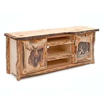 Carved Aspen Wildlife TV Stand--Clear Finish w/ Moose & Bear