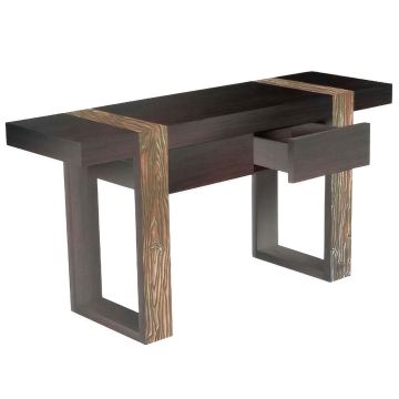 Natural Wood Console Table showing one open drawer and one closed drawer
