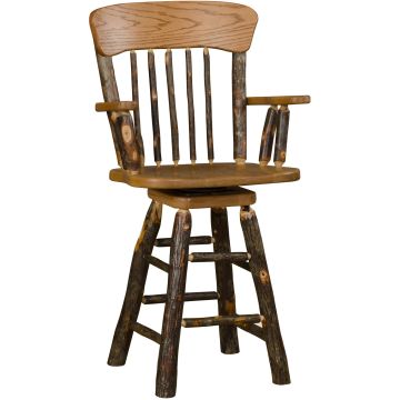 Rustic Hickory Swivel Oak Back Log Arm Barstool
