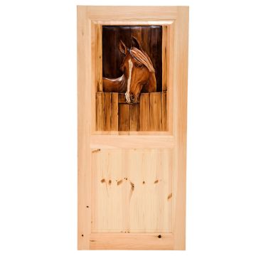 Rustic Hand Carved & Painted Stable Horse Double Panel Interior Door
