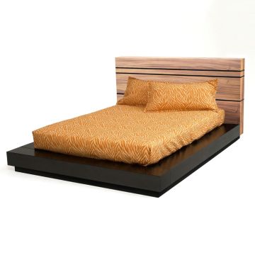 Recycled Wood Platform Bed - Golden Walnut - Ebony Headboard Accents - Ebony Base Trim