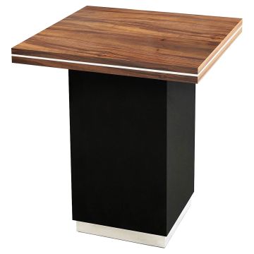 Refined Rustic Pub Table shown with a Square Golden Walnut Top & Ebony Mahogany Base & Silver Steel Top Accents.