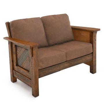 River Rustic Tobacco Road Barnwood Loveseat - Brown Genuine Leather Cushions