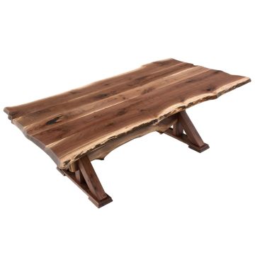 Rustic Live Edge Wood Slab Trestle Dining Table With Black Walnut Tabletop in Natural Clear Tabletop Finish