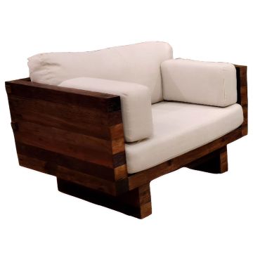 Rustic Real Wood Cushioned Chair shown in Reclaimed Wood with Cream Fabric Cushions