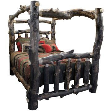 Beaver Creek Aspen Log Canopy Bed--Dark aspen, Standard logs, Single side rails, Clear finish