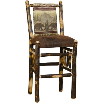 Rustic Hickory Upholstered Straight Back Bar Stool - Bear Mountain Backrest Fabric