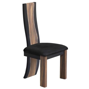 Urban Rustic Dayton Upholstered Dining Chair with Inverted Wildwood Backrest and Parisian Midnight Black Leather Seat