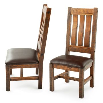 Sawmill Comfort Barnwood Dining Side Chairs - Chocolate Brown Leather Fabric Seat - Antique Barnwood Finish