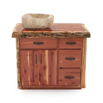 Rustic Red Cedar Log Bathroom Vanity - 36" Sink Left (Custom Liquid Glass Top Finish)